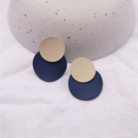 Two Tone Metal Drop Earrings Nude And Navy Blue Statement Earrings