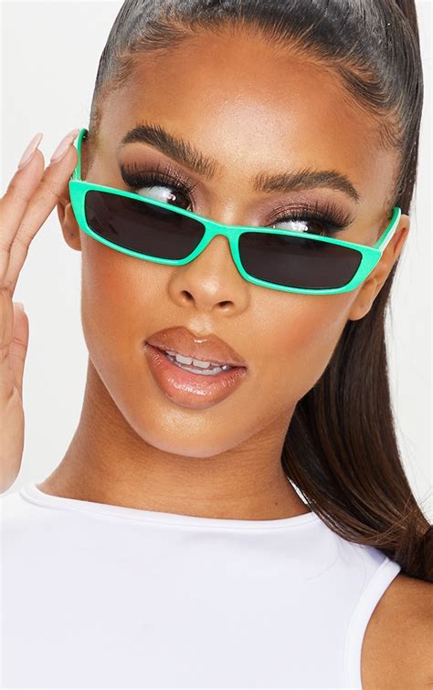 Green Slim Rectangle Sunglasses Accessories Prettylittlething