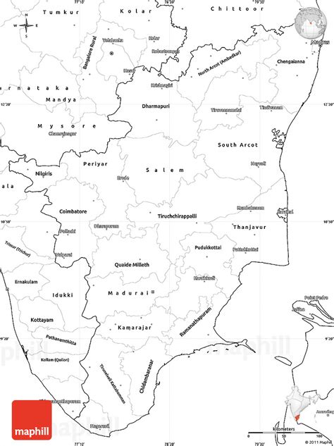 Map of tamil nadu with state capital, district head quarters, taluk head quarters, boundaries, national highways, railway lines and other roads. Blank Simple Map of Tamil Nadu
