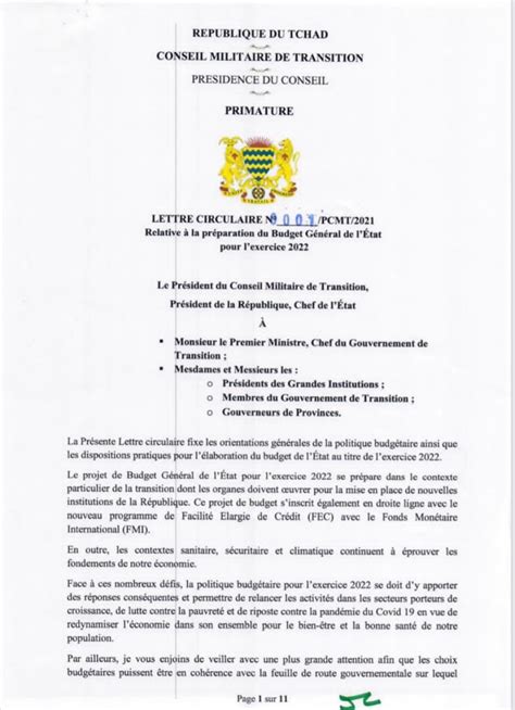 République Du Tchad Ministère Des Finances Et Du Budget Lettre