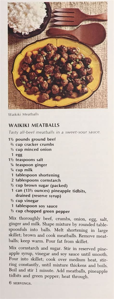 Mix remaining ingredients and pour over meatballs. Betty Crocker Waikiki Meatballs, 1969 | Waikiki meatballs ...