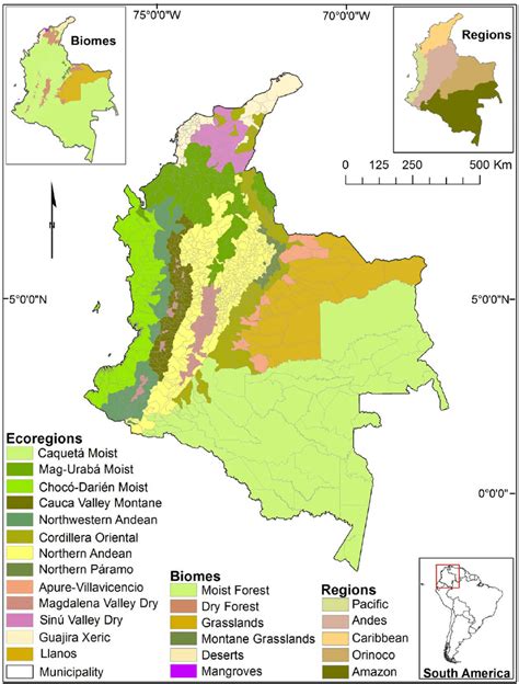 Map Of The 13 Ecoregions And 1117 Municipalities In Colombia Insert
