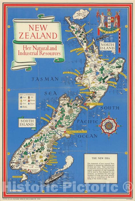 Historic Map New Zealand Her Natural And Industrial Resources 1943