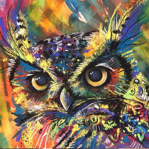 Vibrantly Coloured Owl Oil Pastel On Watercolour Owl Painting