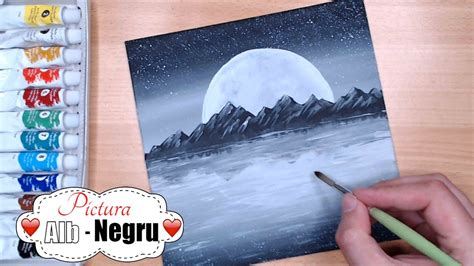 Pictura Alb Negru Peisaj Pictat De Noapte Cu Munti Si Luna Black