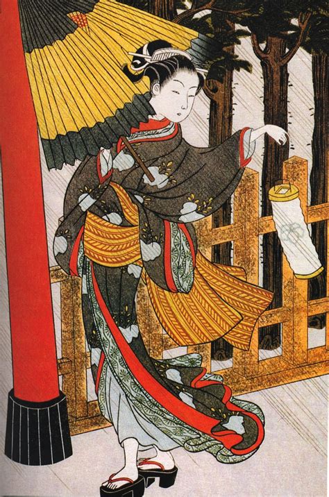 Vintage Ephemera Japanese Woodblock Print Beauty At Shrine In Rain C