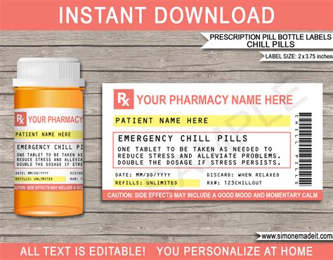 You may think that the instructions on the prescription bottle label are easy the difficulty in interpreting the instructions is largely due to the prescription labels being written inappropriately. Prescription Chill Pill Labels Template | Emergency Chill Pills | Funny Gag Gift