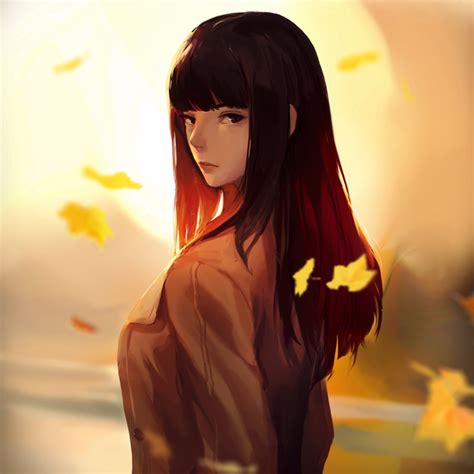 safebooru 1girl autumn autumn leaves bangs black eyes black hair breasts brown jacket