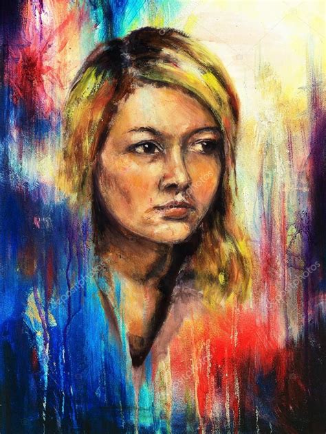 Art Colorful Painting Beautiful Girl Face And Abstract Color Background