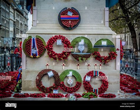 London Uk 9th November 2015 Poppy Wreaths At The Cenotaph For