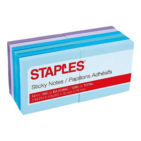 Staples Sticky Notes 3 X 3 Assorted 100 Sheetspad 12 Padspack