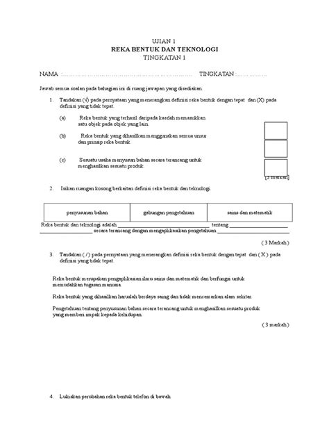 Soalan peperiksaan bagi subjek reka bentuk dan teknologi tingkatan satu. soalan peperiksaan RBT tingkatan satu