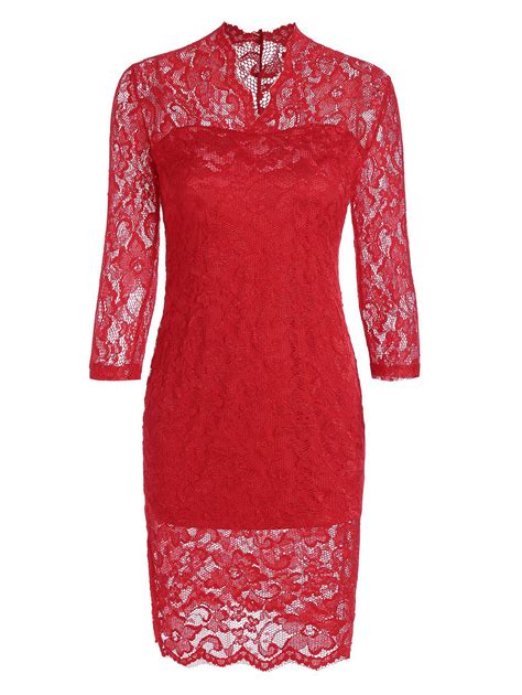 23 Off V Neck Lace Tight Fitted Sheath Dress Rosegal