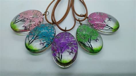 Handmade Boho Necklace Real Dried Flowers In Resin Tree Mural Butterfly