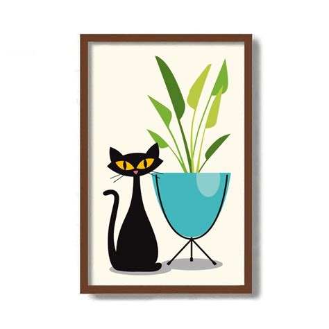 Cats And Plants Mid Century Modern Art Print Black Cat Lover Etsy In