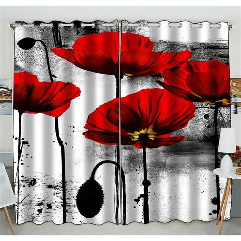 Gckg Vintage Red Poppy Flower Ink Painting Art Blackout Curtains Window