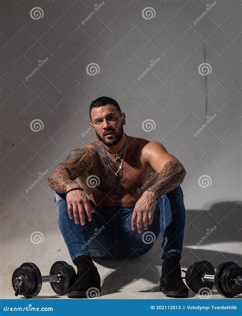 Muscular Fitness Model Posing Shirtless On Gray Background Athletic