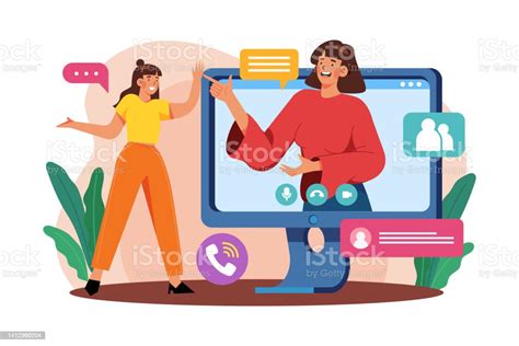 Girl Chatting On A Video Call With Friends Stock Illustration