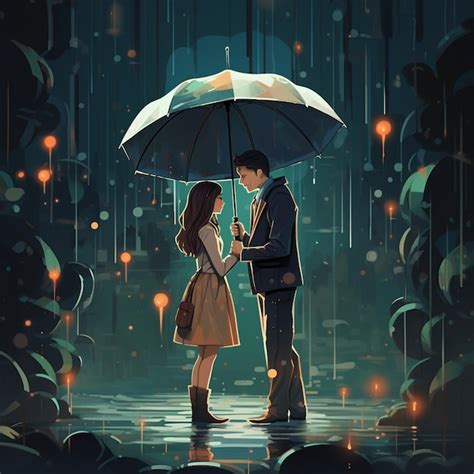 Premium Photo Rain Lovers Illustration Hetero Couple Passion Love Autumn Kiss Cuddle Hug Fall