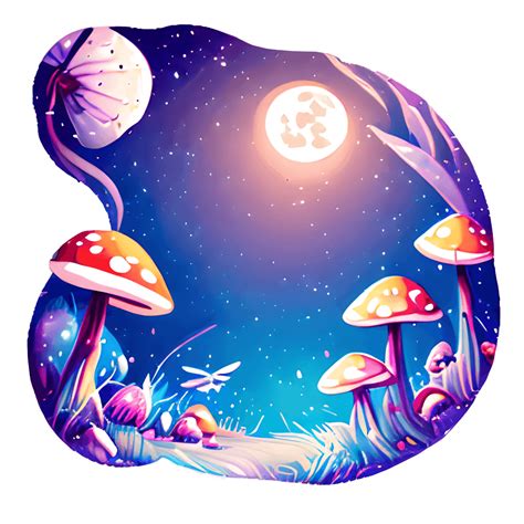 Funghi Magici Con Luna Piena Libellule Cristalli Stravagante Scena