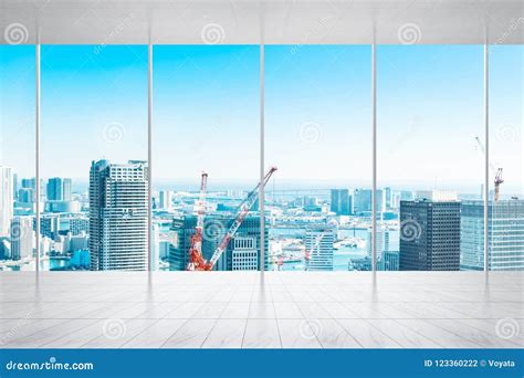 Empty Marble Floor And Window With Panoramic City Skyline Of Tokyo