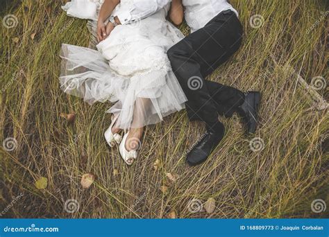 View From Above Of Two Newlyweds Lying On The Grass Embracing Each Other Stock Image Image Of