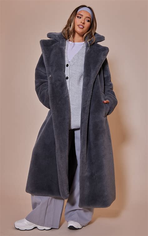 Grey Maxi Faux Fur Coat Outerwear Prettylittlething Uae