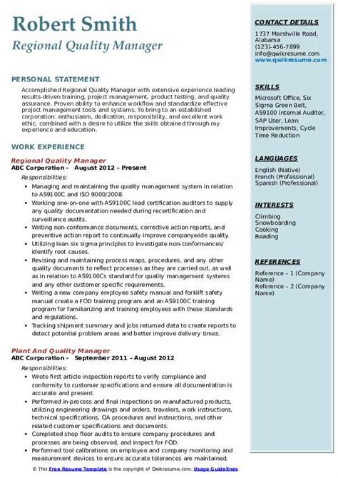 Resume examples for different career niches, experience levels and industries. Quality Manager Resume Samples | QwikResume