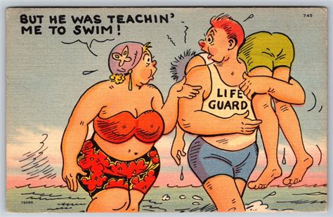 Risque Comic Postcard Fat Woman Bbw Chubby Beach Lifeguard Linen 1940s