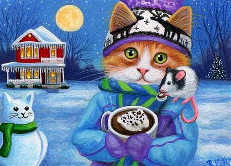 Kitten Cat Mouse Hot Cocoa Snowman House Christmas Original Aceo