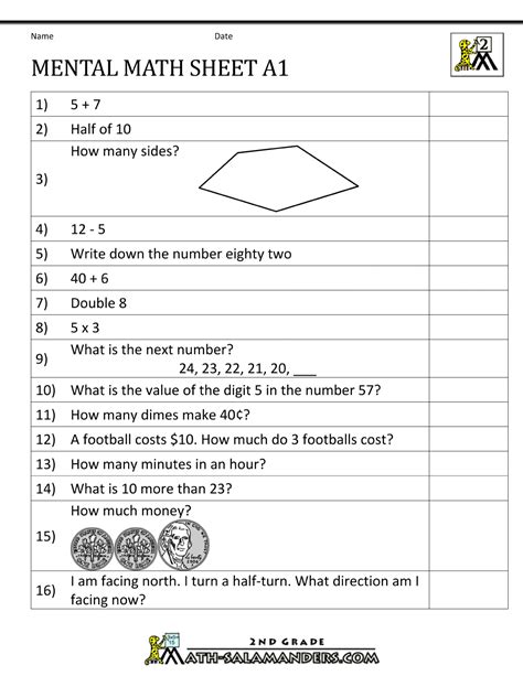 Mental Math Worksheets Grade 2