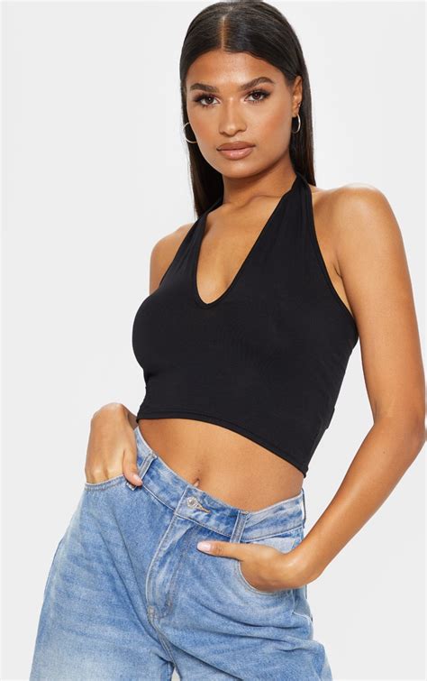 Nicci Black Halterneck Crop Top Crop Tops Prettylittlething Aus