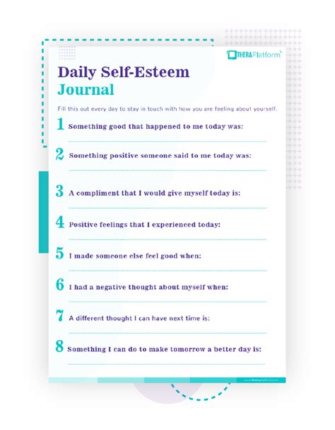 Daily Self Esteem Journal Worksheet