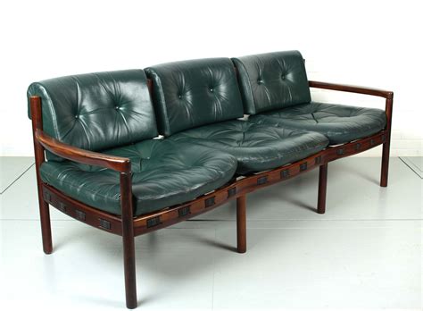 Three Seat Rosewood And Green Leather Sofa By Sven Ellekaer For Coja 1960s 76725