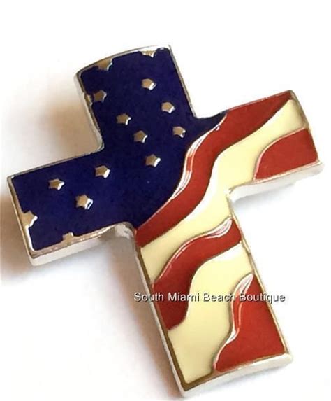 Silver American Flag Cross Pin Brooch Christian Enamel Plated July 4th