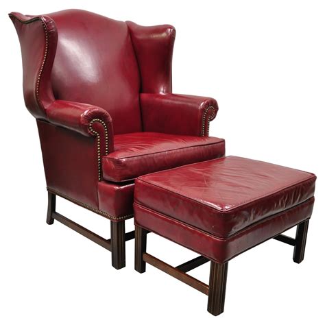 Ethan Allen English Georgian Burgundy Red Leather Wingback Lounge Chair