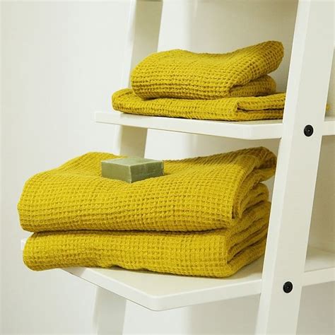 Set Of Linen Bath And Hand Towels Citrine Waffle Washed Linen Bath