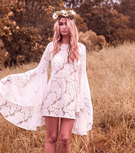 White Lace Boho Dress With Bell Sleeves Bohemian Bridesmaid Dress