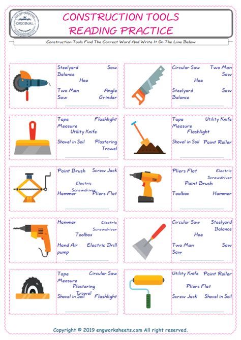 Construction Tools Esl Printable English Vocabulary Worksheets