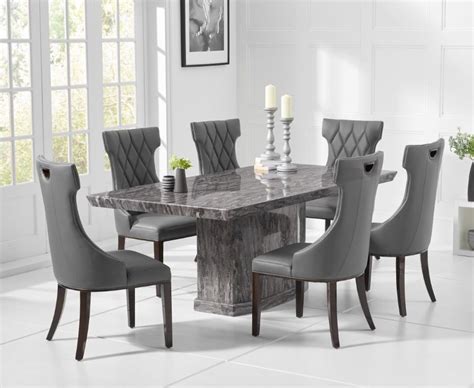 6 Seater Natural Grey Marble Dining Table And Chairs Homegenies