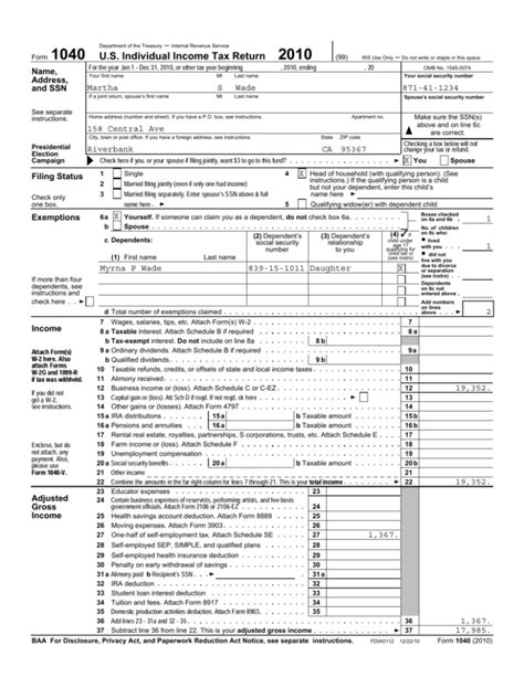 Form 1040 Us Individual Income Tax Return 2010