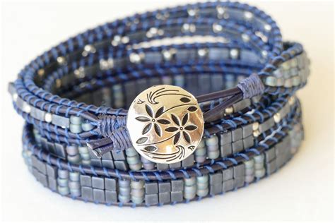 Blue Leather Wrap Bracelets For Women Beaded Blue And Silver Etsy
