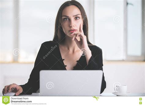 Thoughtful Woman Using Laptop Stock Photo Image Of Attractive