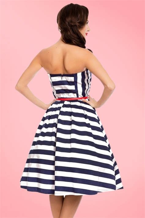 50s Lana Stripes Strapless Swing Dress In Navy And White