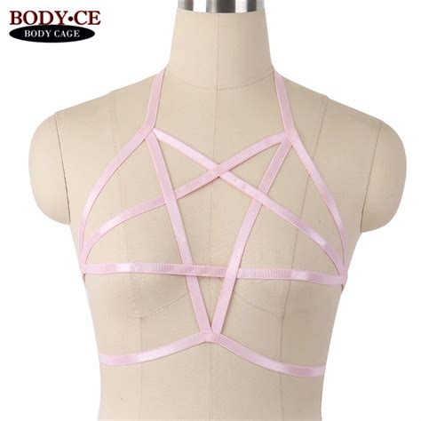 body cage 10pcs pink harness bra pentagram bondage harness black elastic strap tops chest