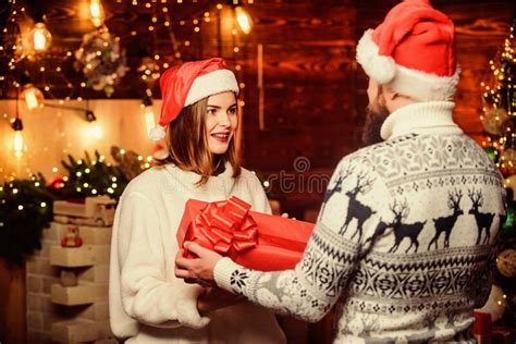 Christmas Surprise And Love Concept Man With Beard And Woman Stock