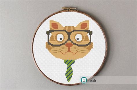 cat with glasses and tie cross stitch pattern modern cross etsy