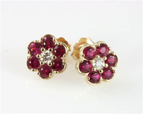 14k Yellow Gold Ruby And Diamond Flower Stud Earrings Flower