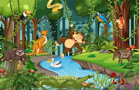 Wild Animal Cartoon Character In The Forest Scene 2080822