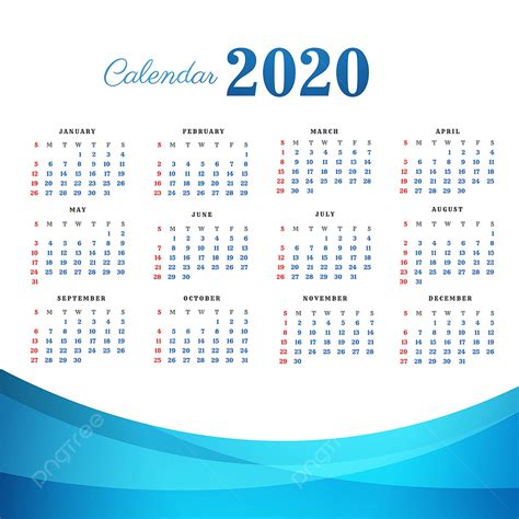 Happy New Year 2020 Calendar Template With Abstract Blue Wave Design